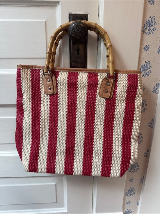 Handbags - Striped Red and Cream Bamboo-Handle Tote Bag